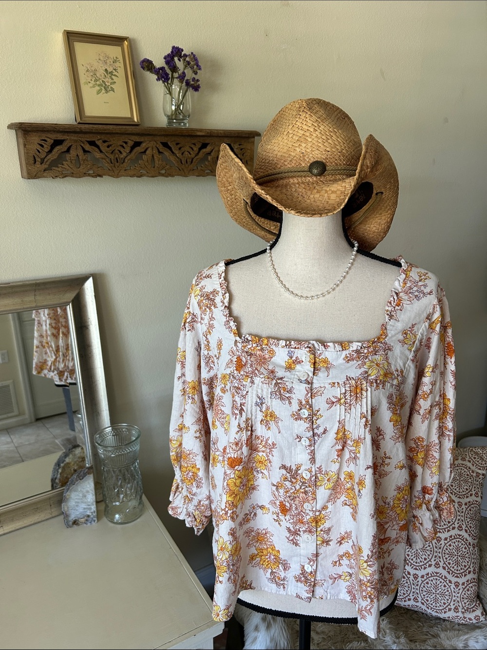 Cynthia Rowley cream yellow floral cottage button down puff 3/4 sleeve boho top
